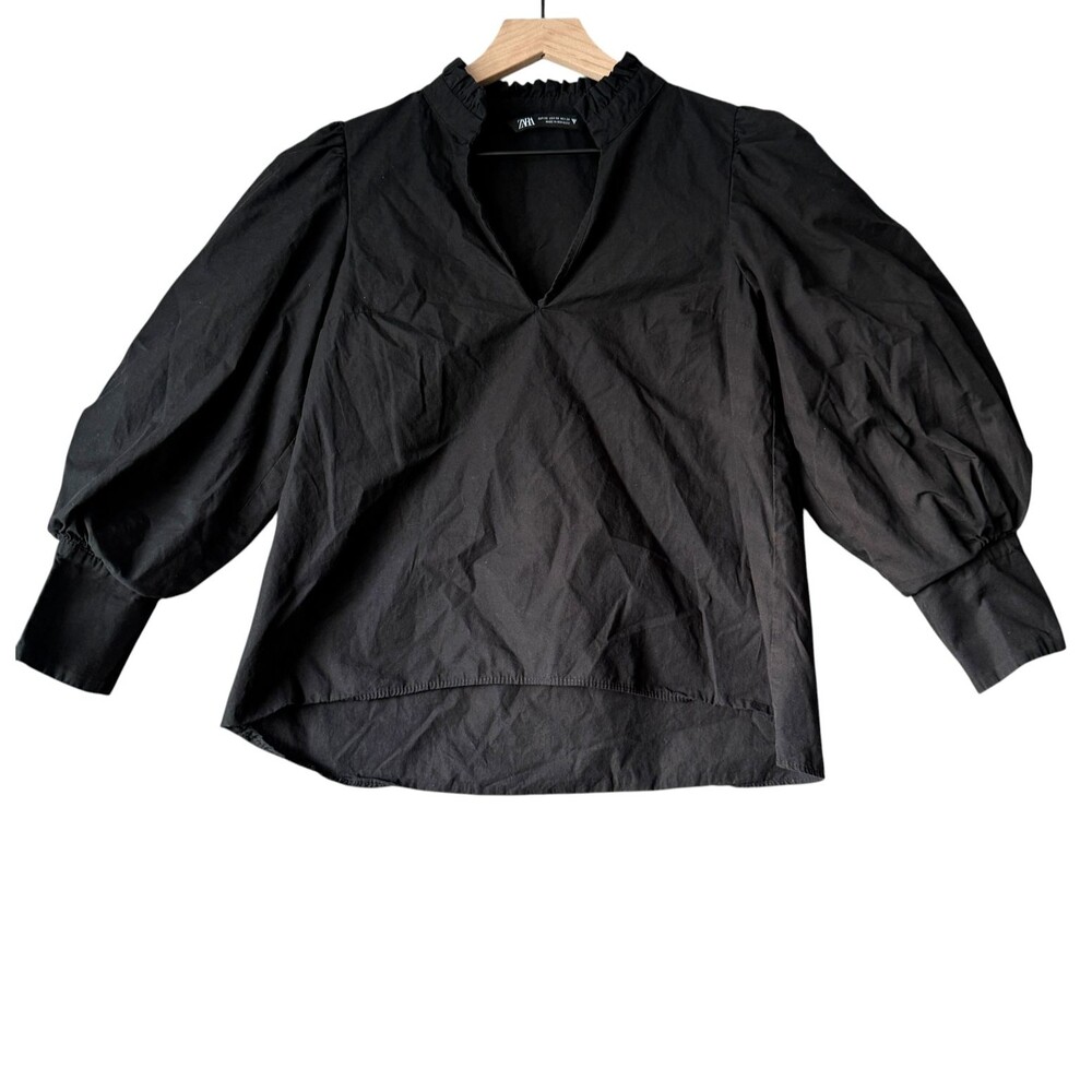 Zara 100% Cotton Balloon Sleeve Ruffle Neck Blouse XS Black V-Neck Puff Sleeve - Picture 2 of 8